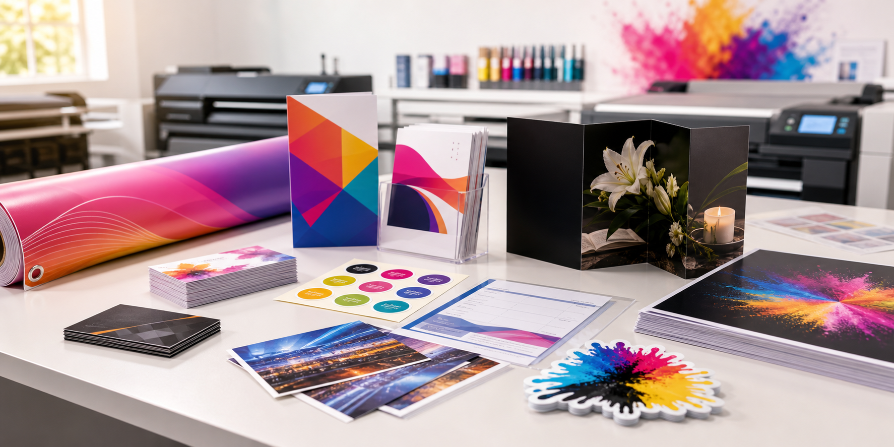 Printed products including business cards, flyers, banners, stickers, labels, and documents